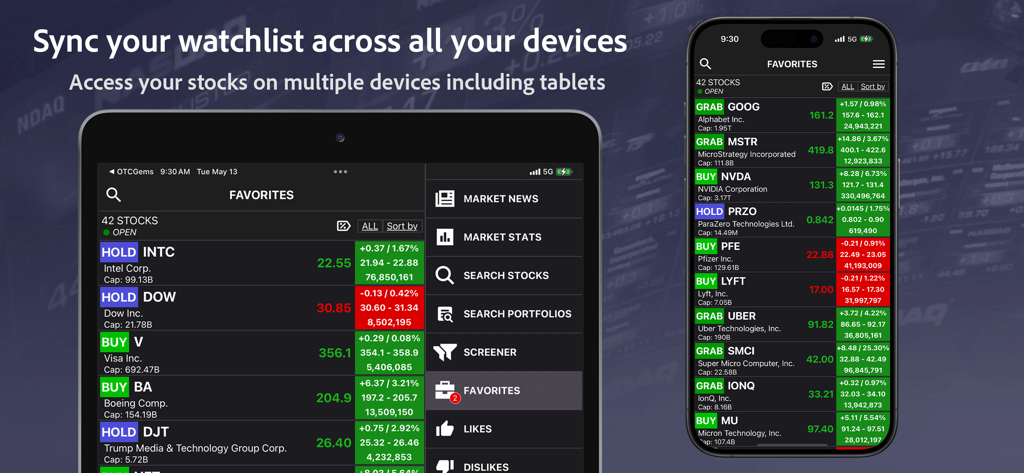 StockRank Value Stocks Trading - Interfaz de la aplicación StockRank en iPhone y iPad que muestra calificaciones de acciones y lista de favoritos sincronizadas