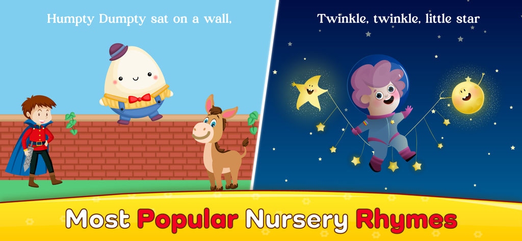 Baby Piano: Fun Music Games - Most popular nursery rhymes for kids featuring Humpty Dumpty and Twinkle Twinkle Little Star illustrations