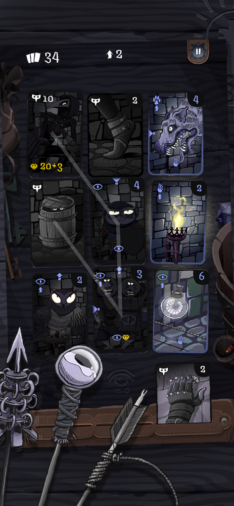 Card Thief - Card Thief gameplay screenshot showing a grid of stealth based cards including guards and items