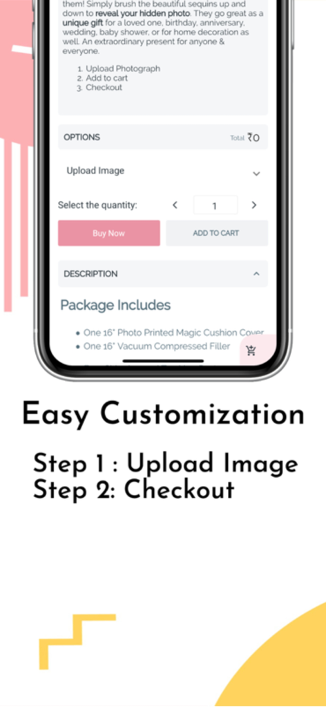Indidecor - Indidecor 앱의 인터페이스가 맞춤 설정 및 구매를 위한 두 가지 쉬운 단계를 표시함
