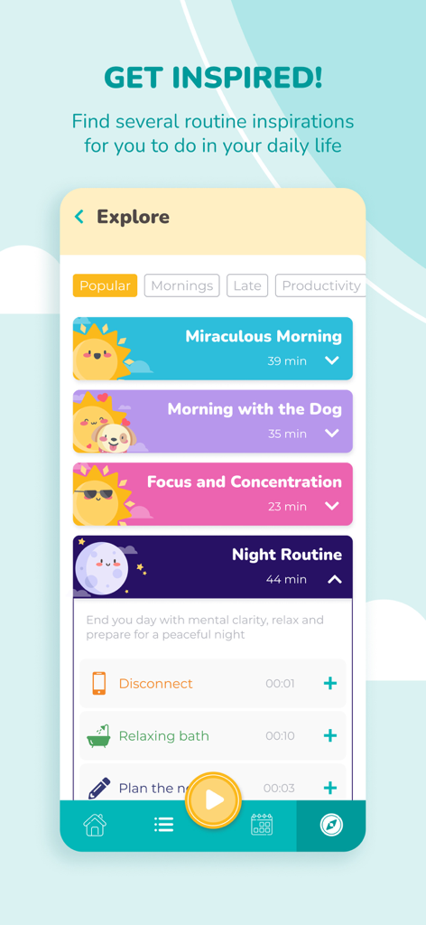 Morning Habits - Daily Routine - Tela Explorar do aplicativo Hábitos Matinais mostrando inspirações de rotina como Manhã Milagrosa e Rotina Noturna com uma interface limpa e colorida