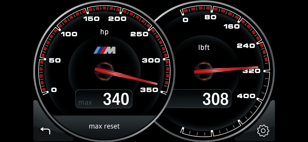 M Performance Drive Analyser - Digital horsepower and torque gauges on the BMW M Performance Drive Analyser app interface