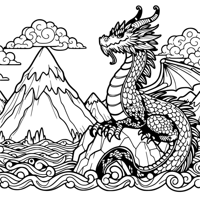 detailed dragon on a mountain surrounded by water