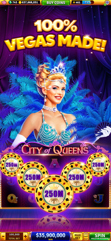 House of Fun: Casino Slots - Schermata della slot machine City of Queens con una showgirl di Vegas e grandi fiches vincenti d'oro