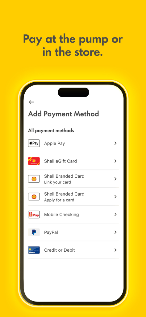 Shell: Fuel, Charge & More - Shell app screen listing payment methods like Apple Pay Shell cards and PayPal