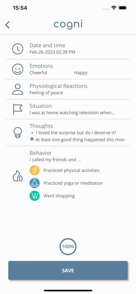 Cogni - A completed cognitive-behavioral therapy thought record in the Cogni app including mood, thoughts, and behaviors.
