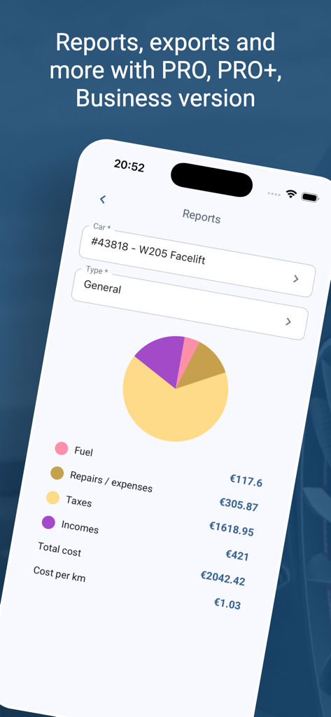CarDiary - Expenses and fuel - CarDiaryアプリインターフェース。円グラフと費用分析を含む詳細な車両経費レポートが表示されています。