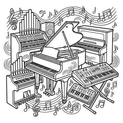 Unleash your inner musician with this captivating coloring page featuring a diverse array of keyboard instruments. From grand pianos to modern synthesizers, it's a perfect harmony of art and music for all ages.