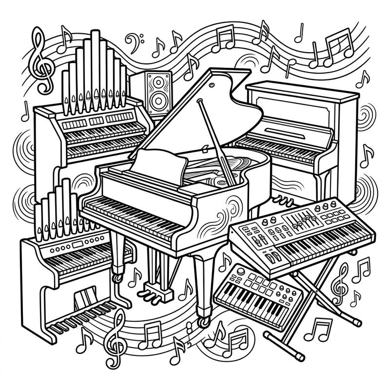 Unleash your inner musician with this captivating coloring page featuring a diverse array of keyboard instruments. From grand pianos to modern synthesizers, it's a perfect harmony of art and music for all ages.