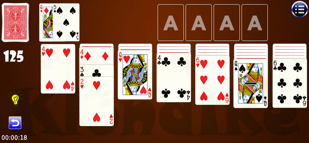 Board and card games - A digital game of Klondike Solitaire being played with a classic card deck on a brown background