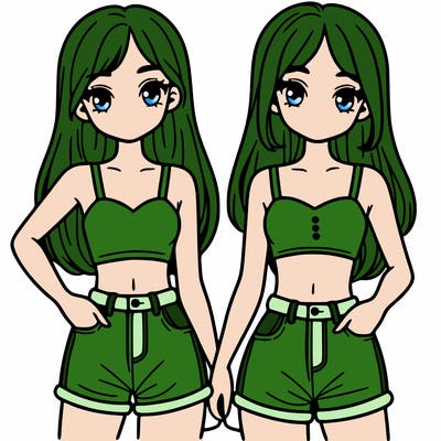 two sisters with crop tops and jean shorts and straight hair