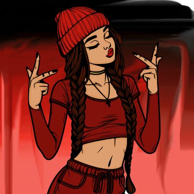 realistic teenage girl with braids and a beanie and crop top doing 🫶🏼