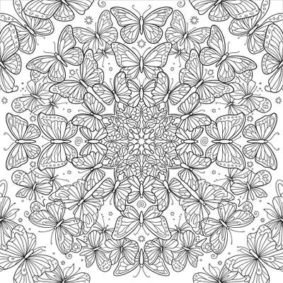 Discover the mesmerizing beauty of a kaleidoscope crafted from delicate butterflies. This intricate symmetrical design invites you to explore stunning patterns and enjoy mindful coloring.