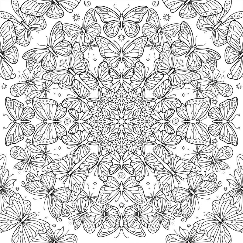 Discover the mesmerizing beauty of a kaleidoscope crafted from delicate butterflies. This intricate symmetrical design invites you to explore stunning patterns and enjoy mindful coloring.