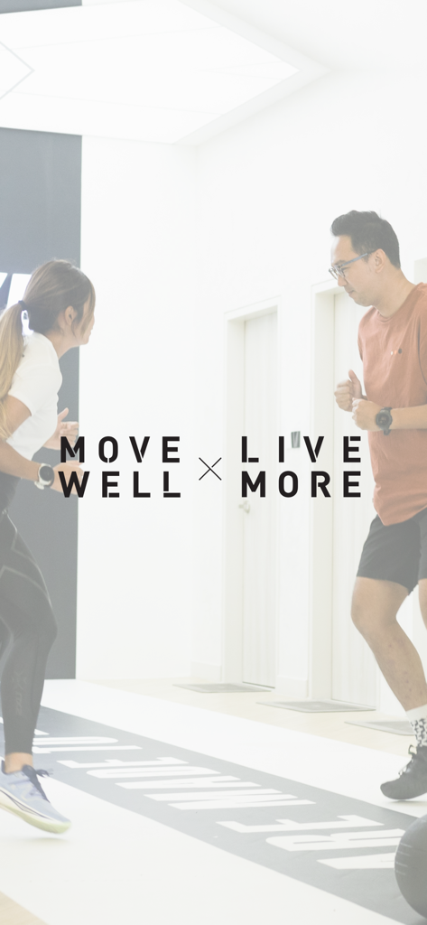 Move Lifestyle - Two people exercising in a modern fitness studio with the Move Well Live More slogan