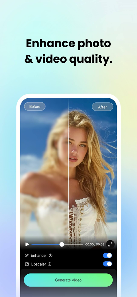 Side-by-side comparison showing Fotor AI photo enhancement and upscaling from a blurry portrait to a sharp high-definition image.