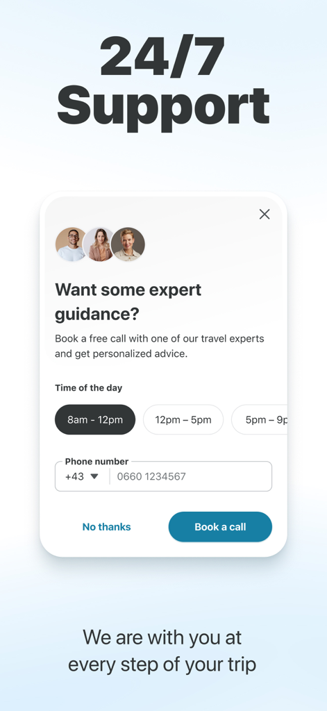 TourRadar app screen showing 24/7 customer support and an option to book a call with a travel expert.