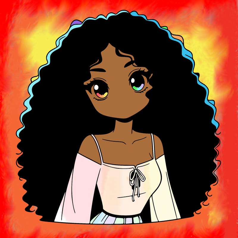 a black anime girl with long afro hair