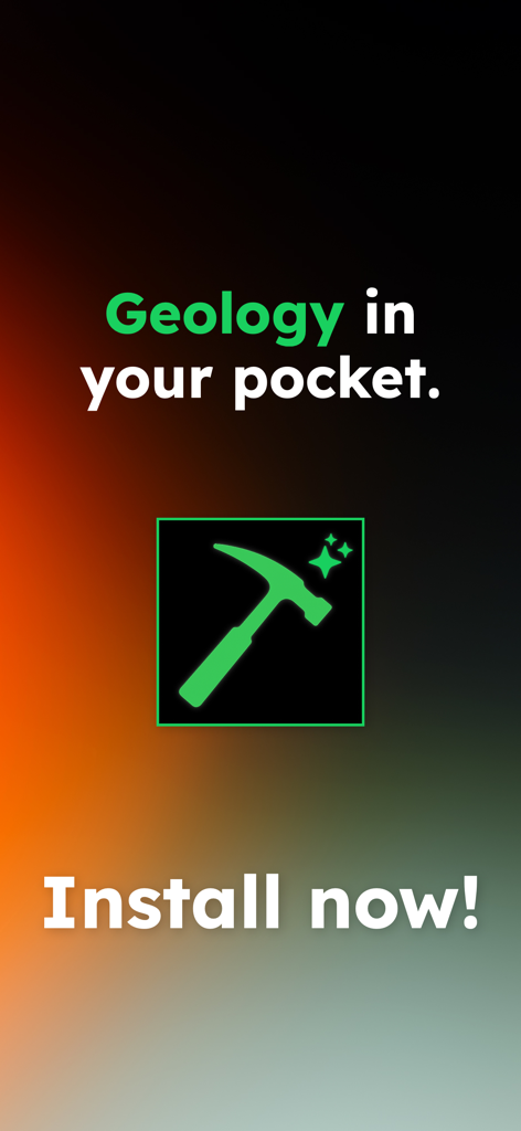 Geology Toolkit: AI Rock ID - Promotional screen for Geology Toolkit app featuring a rock hammer icon and the slogan Geology in your pocket.