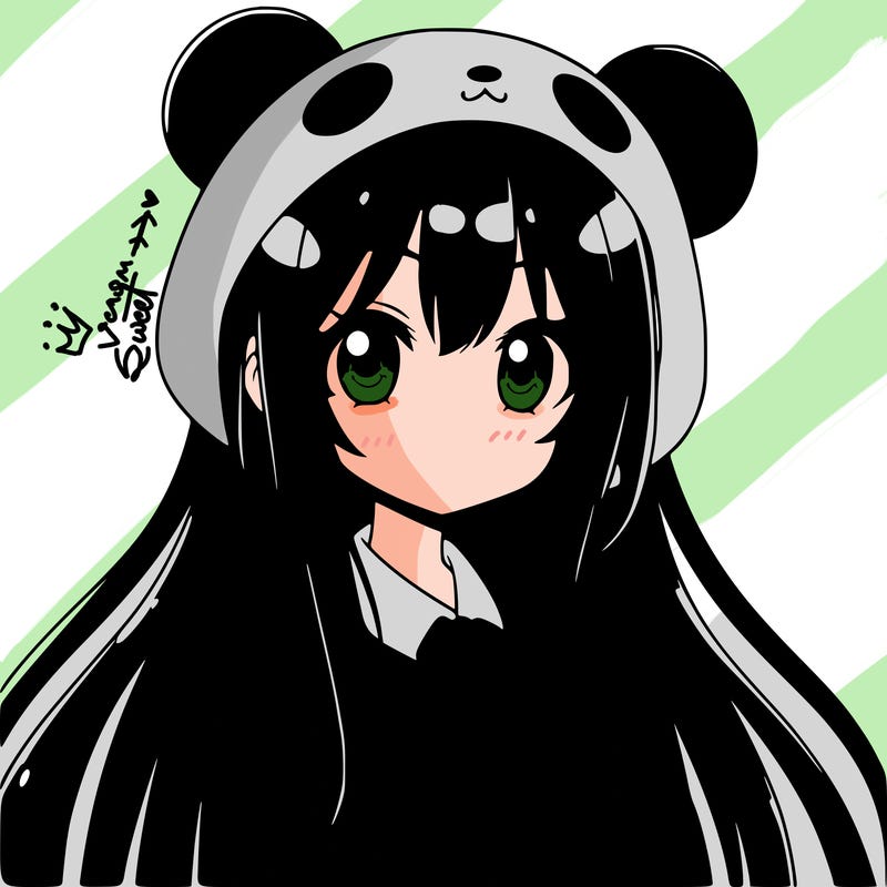 cute anime girl with black straight hair a panda suit with panda ears