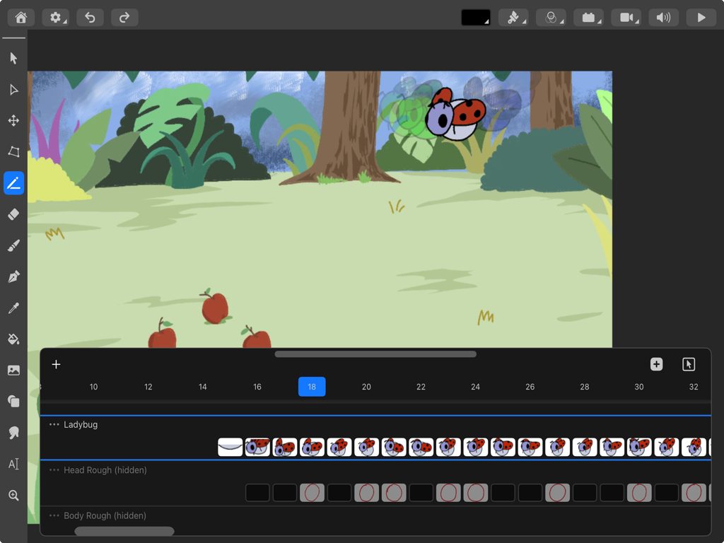 Canvas Software - Animate - Interfaccia dell'app Canvas Software Animate che mostra una timeline di animazione 2D con un personaggio coccinella in un paesaggio forestale