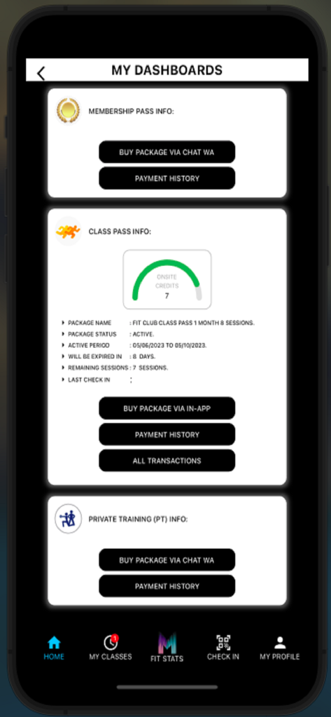 Panel de la aplicación Mega Fitness Center que muestra el pase de membresía y los detalles de los créditos de clase
