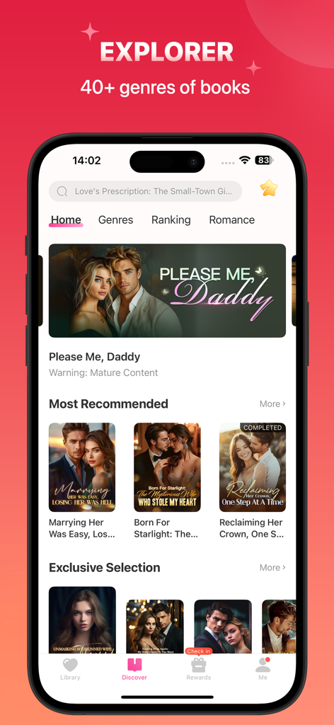 Kifflire:Fantasy Novel Stories - Kifflireモバイルアプリのディスカバリスト。様々なロマンスとファンタジーの小説が表示されています。