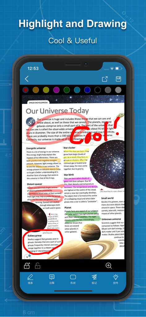 Photos Measure - Image meter - Schermo di smartphone che mostra le funzioni di evidenziazione e disegno dell'app Photos Measure su un documento