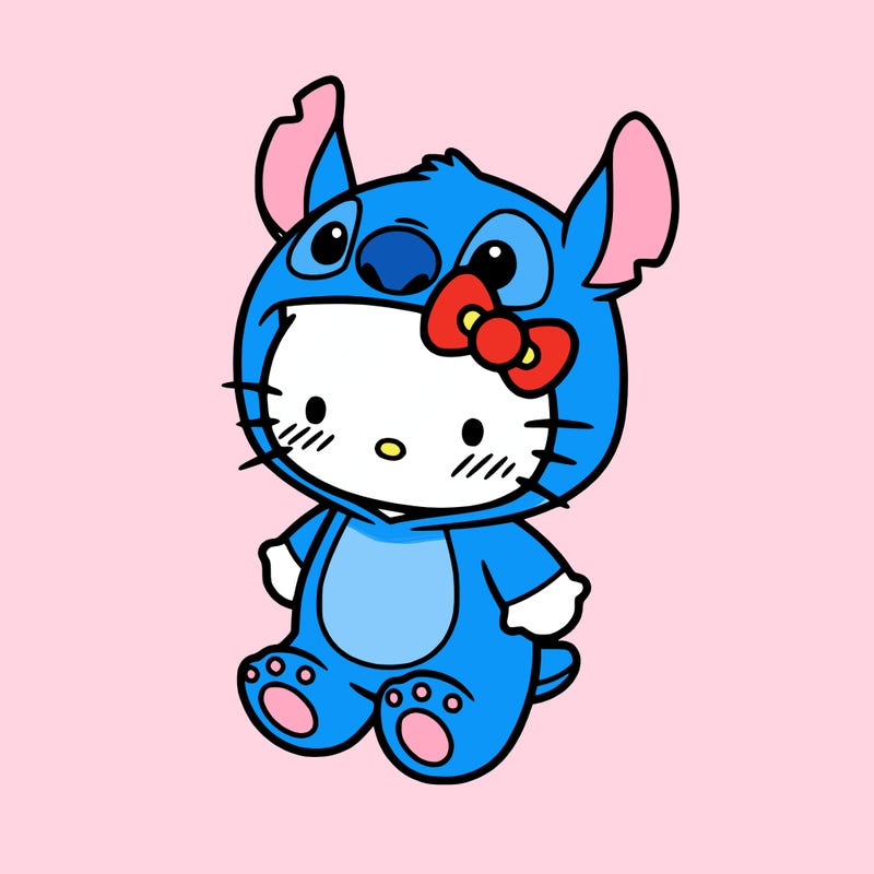 little cute hello kitty, blushing with little stitch costume