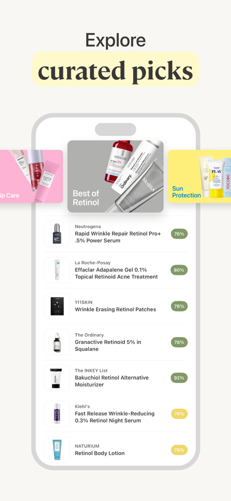 Lumi Skin:The Skincare Scanner - Lumi Skin app displaying curated retinol product recommendations and compatibility scores