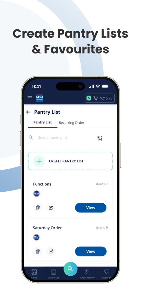 M&J Chickens - MJ Chickens app interface for managing wholesale poultry pantry lists and recurring orders