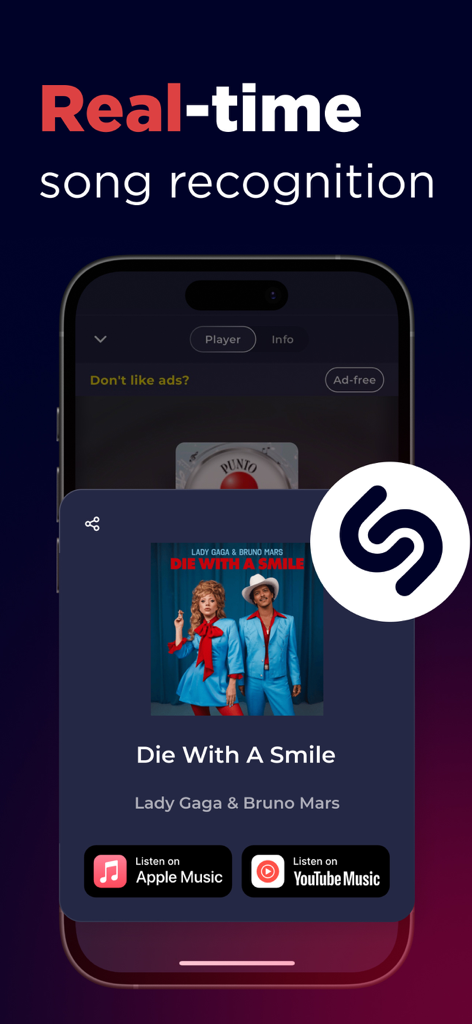 Radio Ecuador Live FM & AM - Radio Ecuador app interface showing real time song recognition with Shazam integration