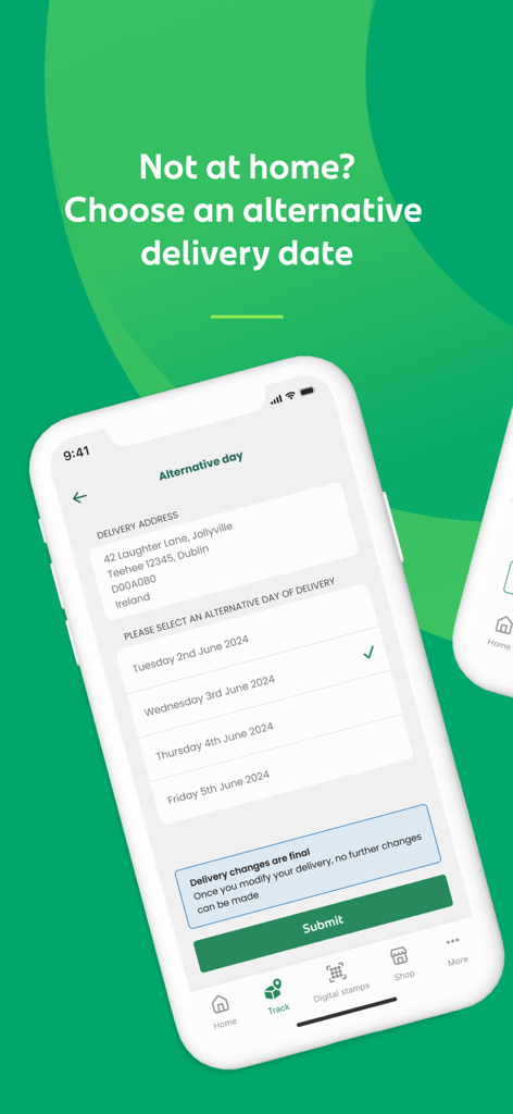 An Post: Track & Manage - An Post mobile app screen for selecting an alternative delivery date