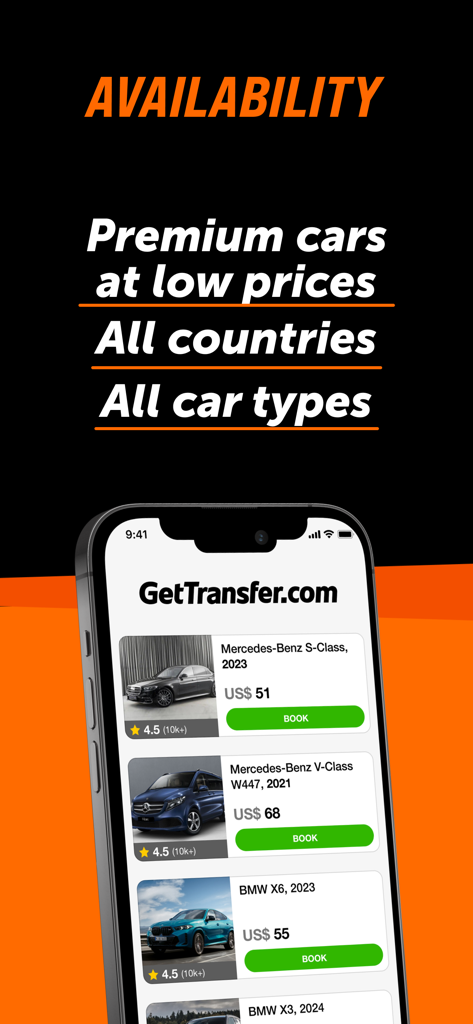 GetTransfer app screen showing a selection of premium cars for airport transfers and rides with prices and ratings