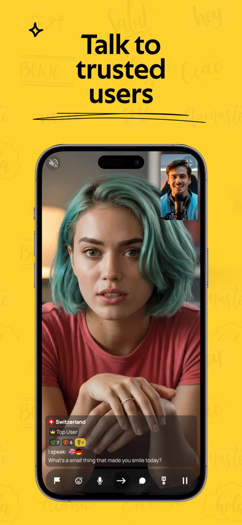 CR Video Chat - Interfaz de la aplicación móvil para CR Video Chat que muestra una videollamada en vivo con un usuario verificado.