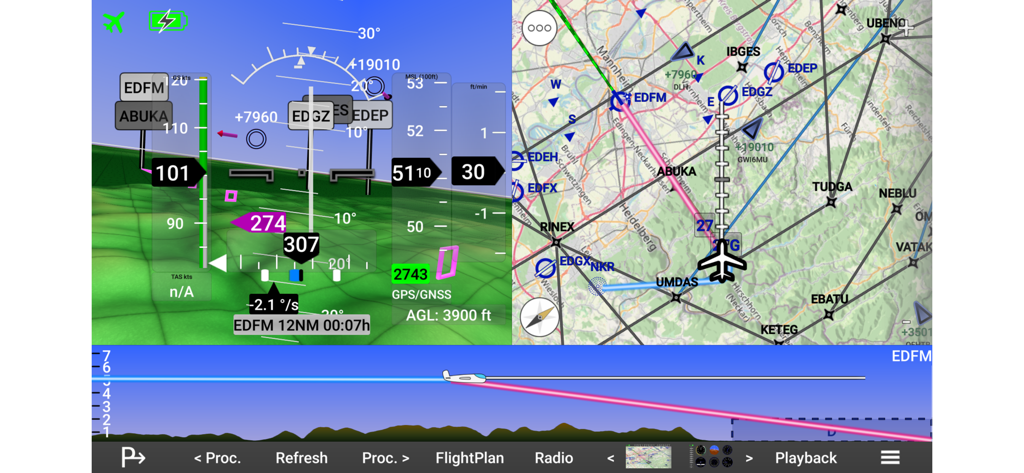 Horizon Portable Glass Cockpit app interface featuring 3D synthetic vision and a moving map