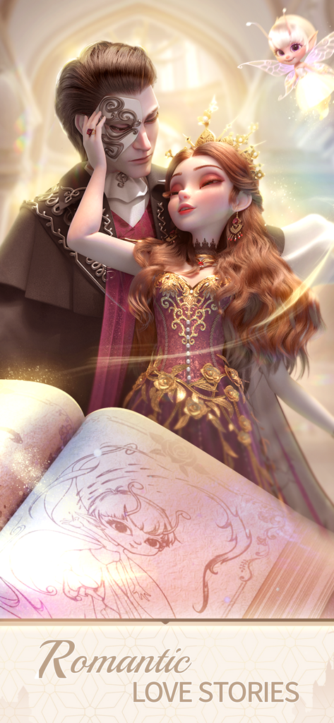 Time Princess: Pearl Girl - Um encontro romântico entre um homem mascarado e uma mulher em um vestido de baile com uma fada voando por perto