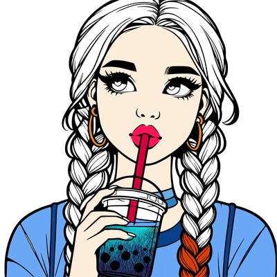 realistic girl with braided hair drinking boba