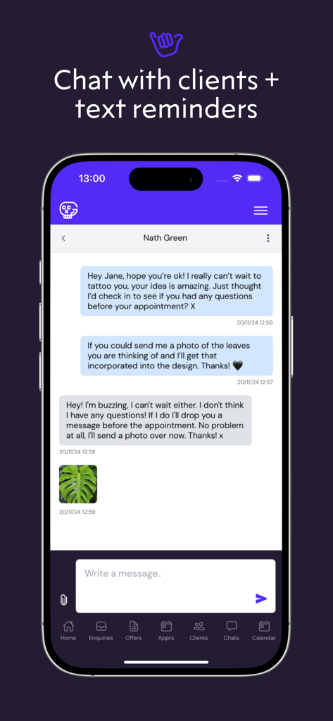 Interface of the Get Ink app showing a professional chat between a tattoo artist and a client about tattoo designs and reminders