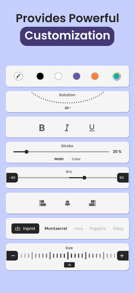 Logo Maker Shop - Creator ۬ - Interfaz de la app móvil mostrando herramientas profesionales de diseño de logos como selección de color, formato de texto y ajustes de tamaño