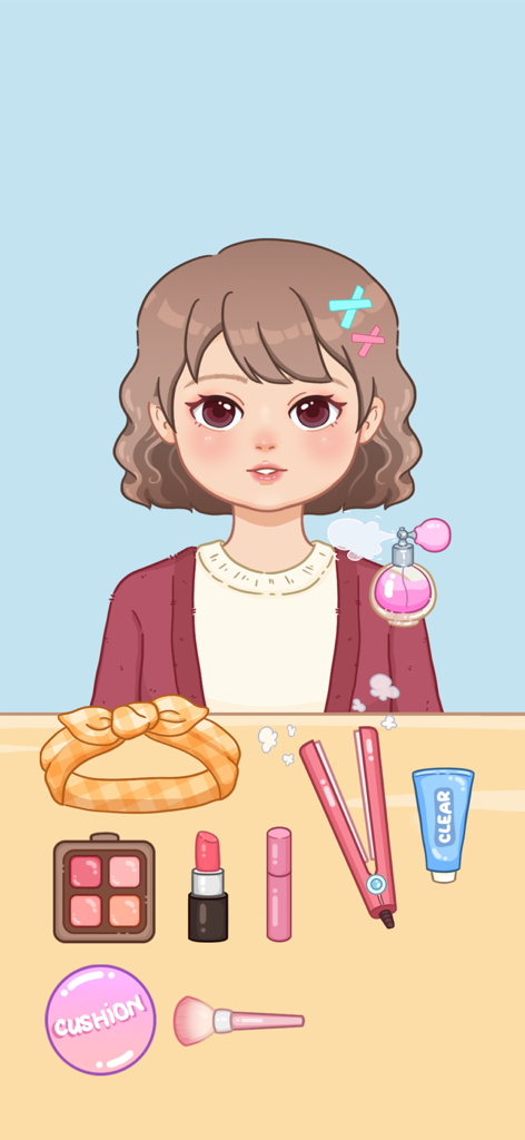 Satiszone: Perfect ASMR Tidy - A cute cartoon girl with various makeup products and hair tools on a table in the Satiszone ASMR game.