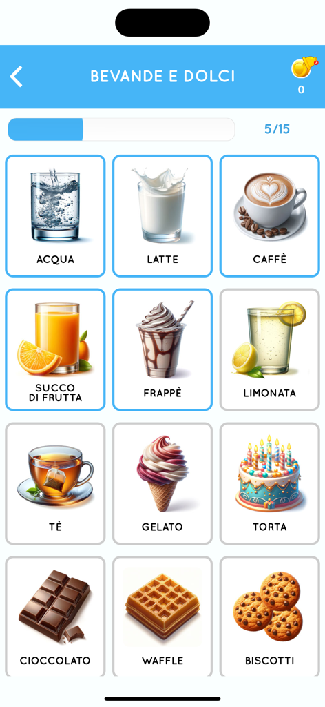 Learn Italian beginners - App interface showing Italian vocabulary for drinks and desserts with images and words