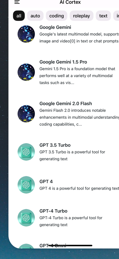 FreedomGPT - Una lista de modelos de IA disponibles en la pantalla AI Cortex de la aplicación FreedomGPT