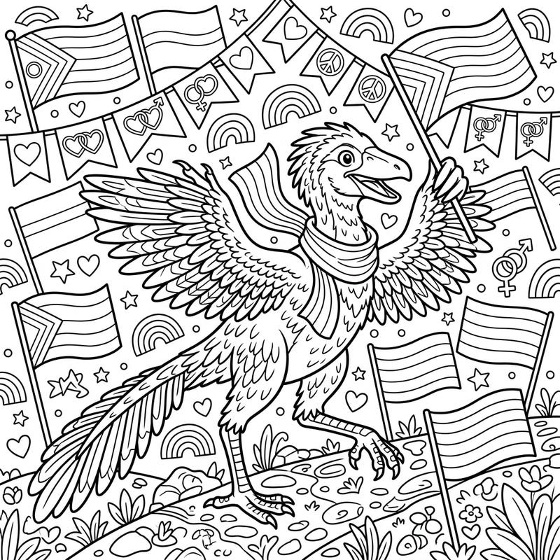 Join the prehistoric party with our Archaeopteryx Pride Month coloring page! This delightful design features a feathered dinosaur celebrating love and diversity amidst a festive array of flags and rainbows.