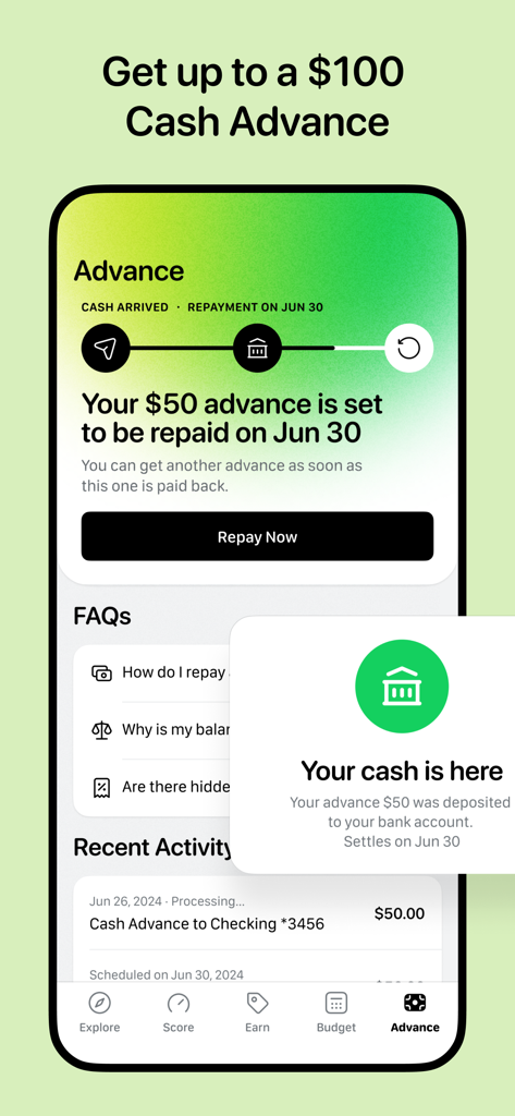 A smartphone screen from the True Finance app showing a successful 50 dollar cash advance deposit and repayment status.