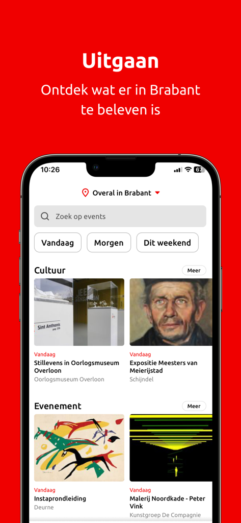 Omroep Brabant - Omroep Brabantアプリのインターフェース。北ブラバントのローカル文化イベントやアクティビティが表示されています。
