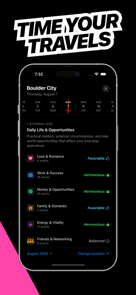 Astrocartography - Pathfinder - Interfaz de la aplicación Astrocartography Pathfinder que muestra la predicción astrológica de viajes y las calificaciones de objetivos de vida para Boulder City
