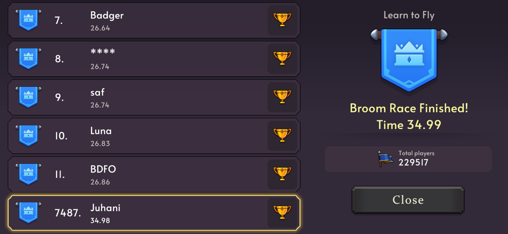Broom Race - Ranking do jogo mobile Broom Race mostrando as posições dos jogadores e tempos de conclusão