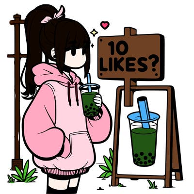 girl with oversized hoodie drinking boba and she has a high ponytail with a sign that says 10likes?