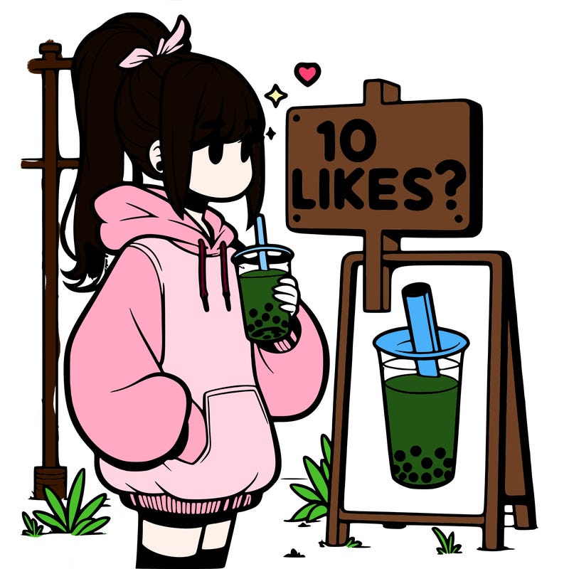 girl with oversized hoodie drinking boba and she has a high ponytail with a sign that says 10likes?